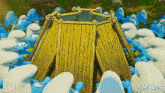 a bunch of smurfs are gathered around a wooden structure with smurfs written on the bottom