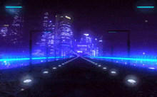 a computer generated image of a city at night with a purple sky