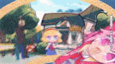 a cartoon drawing of two girls standing in front of a house in a park