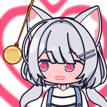 a cartoon drawing of a girl with cat ears and a hypnotic device around her neck