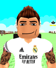 a cartoon character wearing an emirates fly better jersey