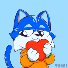 a drawing of a blue cat holding a red heart with the word toshi on the bottom