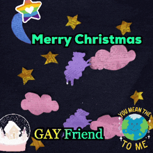a merry christmas card with a rainbow star and clouds