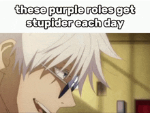 these purple roles get stupider each day with a picture of a man with glasses