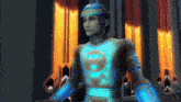 a man in a futuristic suit has a glowing circle on his chest