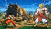 goku and broly are fighting each other in a video game in front of a mountain .