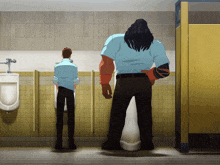 two men urinating in a public restroom with a giant standing next to them