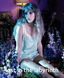 a woman is sitting in a field of flowers with the words lost in the labyrinth below her