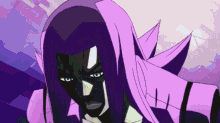 a purple haired character with a black face