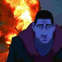 a man in a life vest is standing in front of a fire .