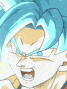 a close up of a person with blue hair