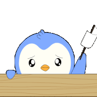 a blue penguin is holding a white flag in its hand
