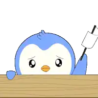 a blue penguin is holding a white flag in its hand