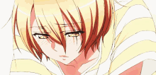 a close up of a anime character with yellow hair