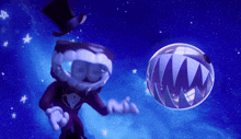 a cartoon character wearing a top hat stands next to a sphere with sharp teeth