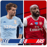 two soccer players are standing next to each other with the score of 0-0