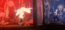 a cartoon of a man in a kimono dancing in front of a fish tank