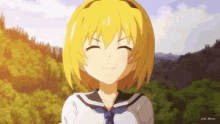 a cartoon girl with yellow hair is smiling in front of trees