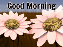 a good morning greeting card with two flowers and a cartoon character