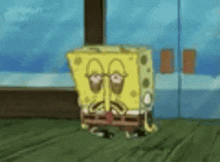a spongebob squarepants character with glasses and a mustache is standing on a wooden floor in front of a window .
