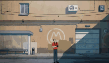 a drawing of a man standing in front of a building with a number 2 on it