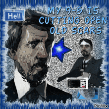 a drawing of a man with a bandage on his head and the words " my 9-5 is cutting open old scars "