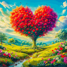 a painting of a heart shaped tree with red flowers