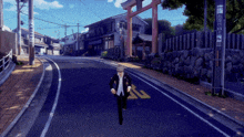 a man in a suit is running down a street with a sign that says ' a ' on it