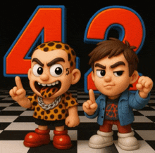 two cartoon characters are standing in front of a number 42