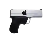 a silver apple gun with a black handle on a white background
