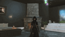 a person standing in front of a fireplace in a room