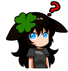 a girl with a green clover on her head has a red question mark above her head