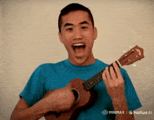 a man in a blue shirt is playing a ukulele with a hailuo ai logo behind him