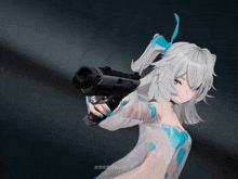 a girl in a white dress is holding a gun in front of her face