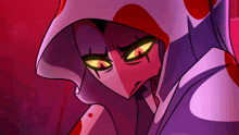 a close up of a cartoon character with a hood on