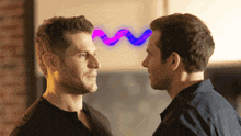 two men are looking at each other with a purple and blue wave behind them