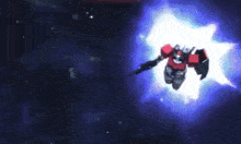 a robot with a gun and shield is flying through space .