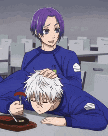 a man with purple hair is petting another man 's head
