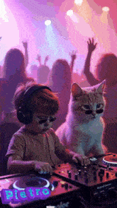 a boy wearing headphones and sunglasses is playing music with a cat behind him .