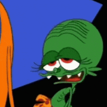 a green cartoon character with red eyes is holding a piece of pizza