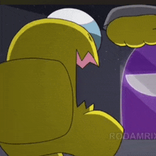 a yellow among us character is standing next to a purple among us character with its mouth open .