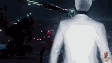 a man in a white suit is standing in front of a spider man