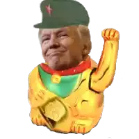 a statue of donald trump is wearing a green hat and holding a gold coin