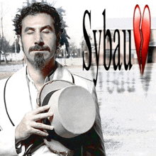 a man in a white suit is holding a top hat in front of a sybau heart