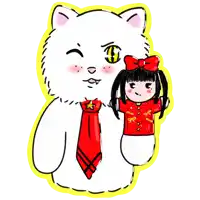 a drawing of a cat wearing a tie and holding a doll