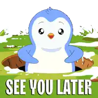 a cartoon of a penguin sticking its head out of a hole with the words " see you later " below it