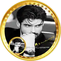 a black and white photo of a man in a gold frame with stars