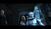 a group of star wars characters are standing around a clone trooper