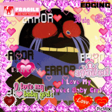 a picture of error sans is surrounded by pink hearts