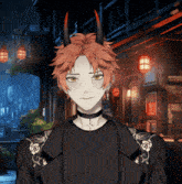a man with horns and a choker stands in front of a sign that says ' sushi ' on it